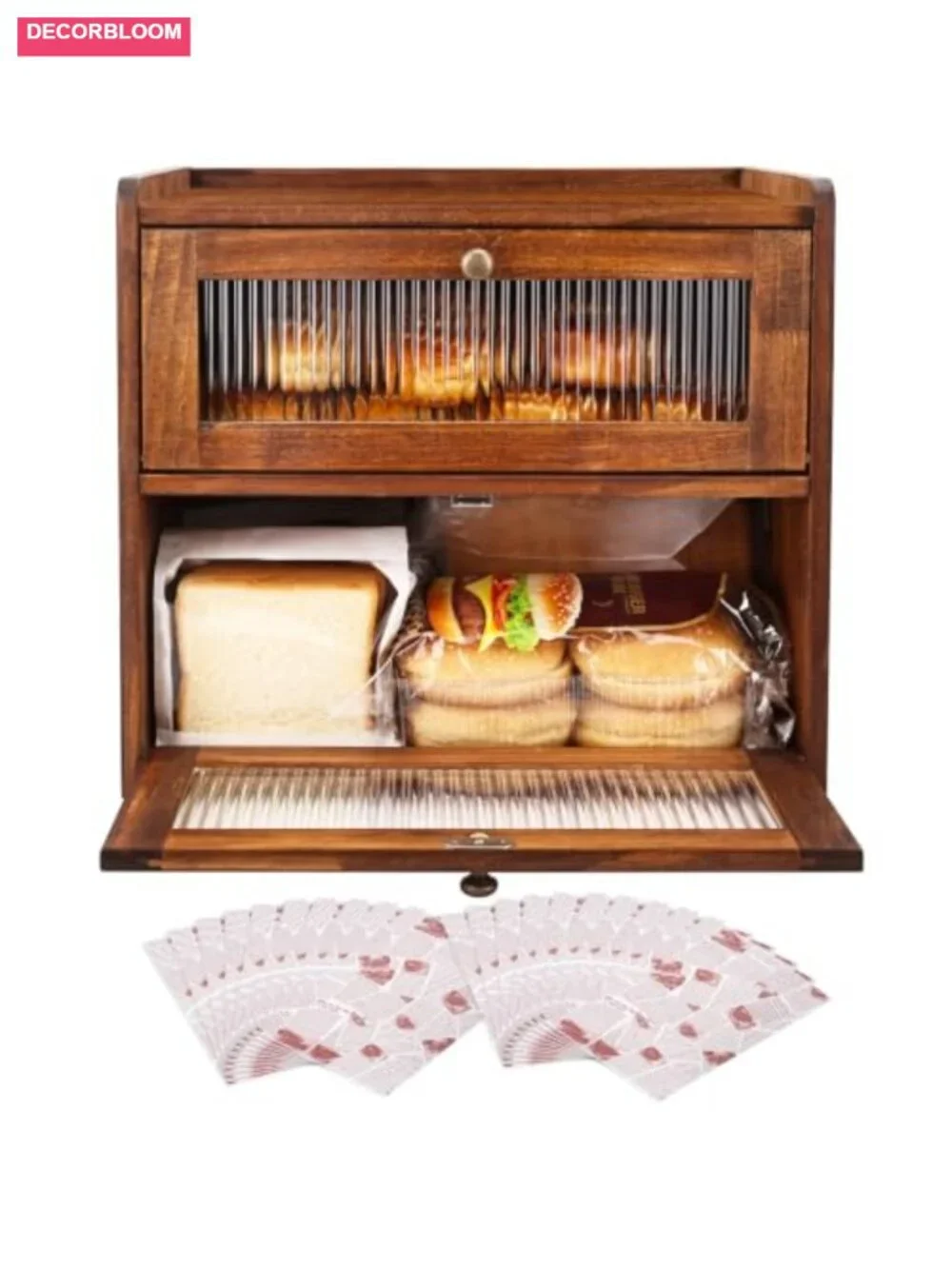 Solid Pine Wood Large Double Layer Bread Box with Acrylic Window